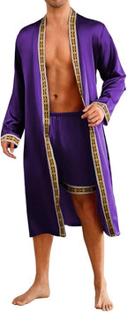 ChiaoLezhee Mens Satin Bath Robe with Shorts Set, Silk Paisley Kimono Lightweight, Soft Long Sleeve Sleepwear