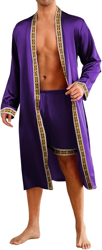 ChiaoLezhee Mens Satin Bath Robe with Shorts Set, Silk Paisley Kimono Lightweight, Soft Long Sleeve Sleepwear