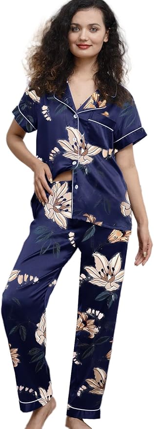 WJing Yi Jia Womens Pajamas Set XS-4XL Floral Silk Satin Pajama Sets Silky Pj Sets 2Pcs Loungewear Sleepwear Button Down Pjs