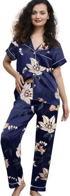 WJing Yi Jia Womens Pajamas Set XS-4XL Floral Silk Satin Pajama Sets Silky Pj Sets 2Pcs Loungewear Sleepwear Button Down Pjs