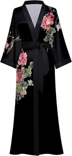 Kihnop Women's Floral Long Kimono Robe Long Satin Robe Long Silk Robe Ladies Kimonos Silky Bathrobe Cover Up, One Size