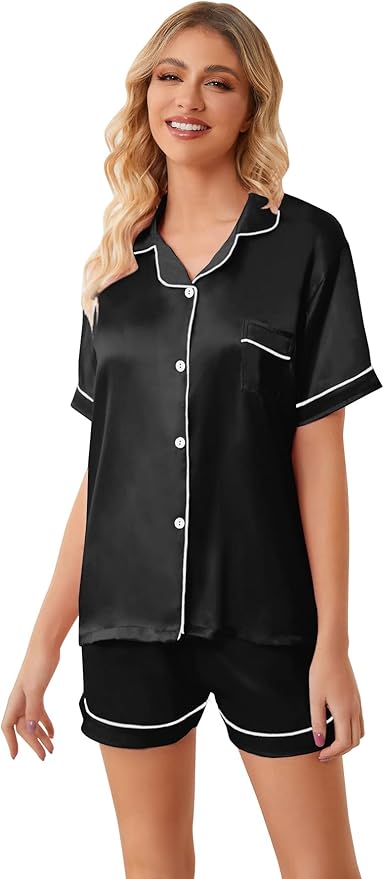 Umeyda Women & Girls Pajamas Set, Soft Satin Lightweight Silk Button-Down Top with Shorts 2 Piece PJS for Mom Boys Kids Gifts