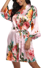 Floral Silk Robes for Women Kimono Satin Short Bath Robe Bridal Dressing Gown Bride Bridesmaids Lightweight Bathrobes