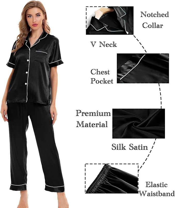 SWOMOG Women Satin Pajamas Set Short Sleeve Top & Pants Sleepwear Silky Button Down Nightwear 2pcs Loungewear Pjs Set