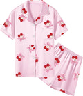 Umeyda Women & Girls Pajamas Set, Soft Satin Lightweight Silk Button-Down Top with Shorts 2 Piece PJS for Mom Boys Kids Gifts