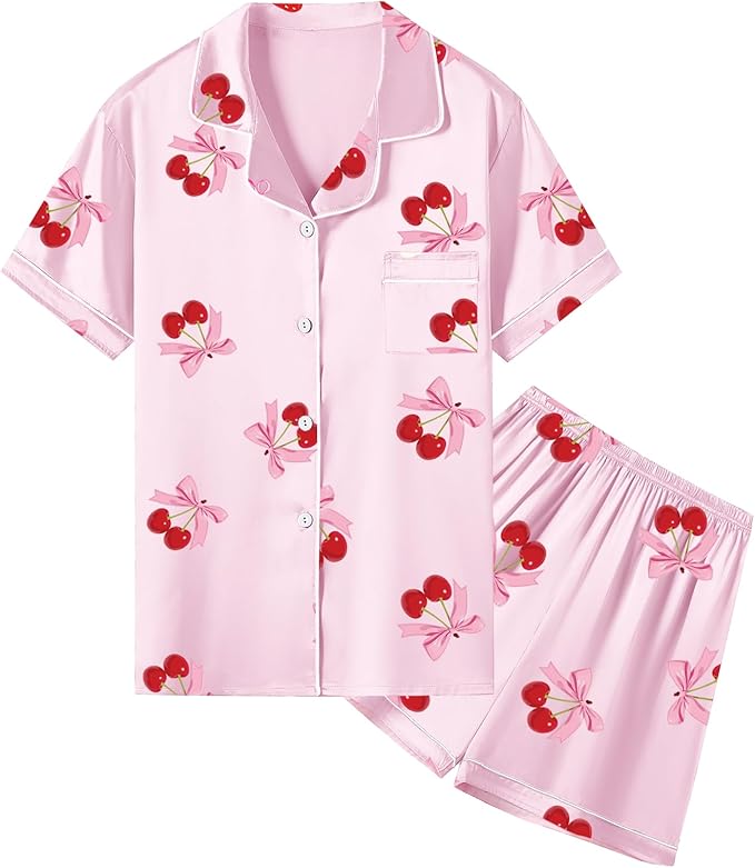 Umeyda Women & Girls Pajamas Set, Soft Satin Lightweight Silk Button-Down Top with Shorts 2 Piece PJS for Mom Boys Kids Gifts