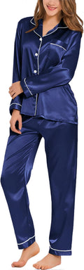 SWOMOG Womens Silk Satin Pajamas Set Long Sleeve Button Down Sleepwear 2 Piece Lounge Set Pj Set XS-3XL
