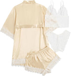 WDIRARA Women' Silk Satin Pajamas Set 4pcs Lingerie Floral Lace Cami Sleepwear with Robe
