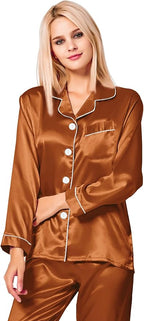 SWOMOG Womens Silk Satin Pajamas Set Long Sleeve Button Down Sleepwear 2 Piece Lounge Set Pj Set XS-3XL