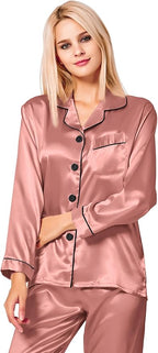 SWOMOG Womens Silk Satin Pajamas Set Long Sleeve Button Down Sleepwear 2 Piece Lounge Set Pj Set XS-3XL
