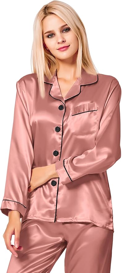 SWOMOG Womens Silk Satin Pajamas Set Long Sleeve Button Down Sleepwear 2 Piece Lounge Set Pj Set XS-3XL