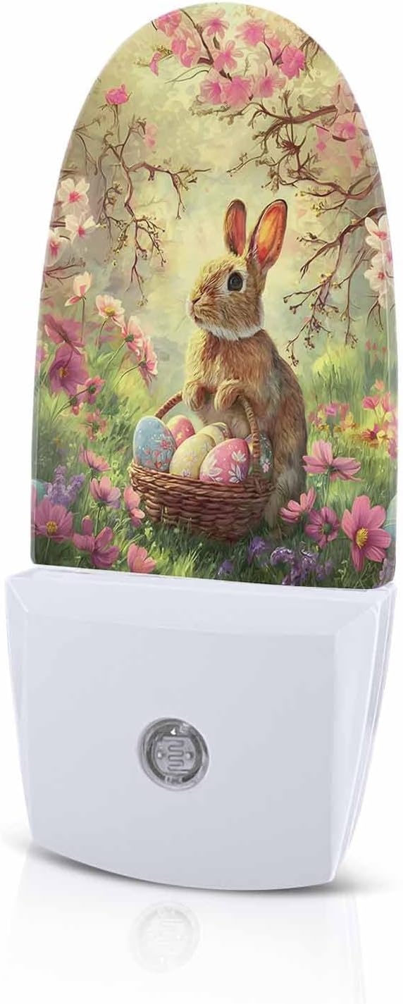 Easter Spring Peach Blossom Rabbit Night Light Plug into Wall, Colorful Eggs Farm Floral Popsicle Shape Night Light Nightlight with Light Sensors for Kids Bedroom Hallway