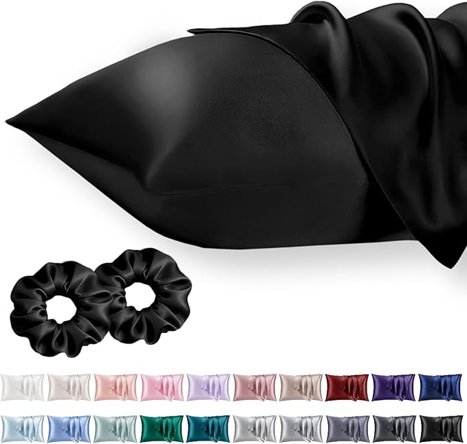 Vielit Queen Satin Pillowcase for Hair 2pc,Similar to Silk Pillow Cases,Easier Care Than Silk Pillowcase,Gifts for Women Men,Black,20x30 & Envelope Closure and 2 Satin Scrunchies