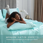 MR&HM Satin Bed Sheets, Twin XL Size Sheets Set, 3 Pcs Silky Bedding Set with 15 Inches Deep Pocket for Mattress (Twin XL, Turquoise)