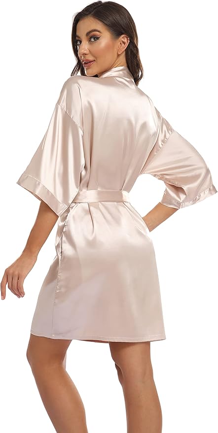 Women's Pure Short Kimono Robes Bride Bridesmaids Silky Bathrobe Lightweight Satin Sleepwear