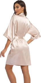 Women's Pure Short Kimono Robes Bride Bridesmaids Silky Bathrobe Lightweight Satin Sleepwear