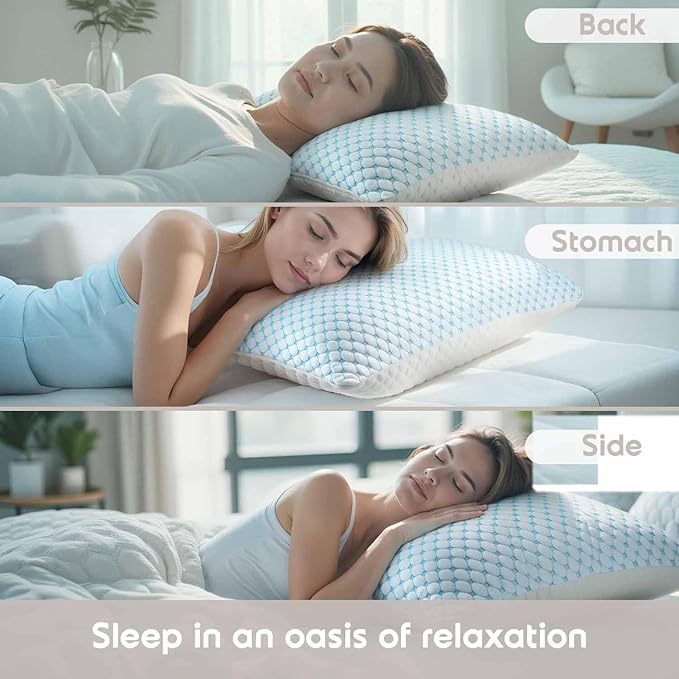 Nestl Cooling Memory Foam Pillow with Down Alternative Pillows Combo Set - Queen Size Set of 2, 1 Soft and 1 Firm, Adjustable for Side, Back, Stomach Sleepers, Breathable Washable Bed Cover, 20”x30”