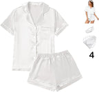 WJing Yi Jia 4Pcs Womens Satin Silky Pajama Sets Short Sleeve Shirt XS-4XL Floral Pajamas Set Soft PJ Loungewear Sleepwear