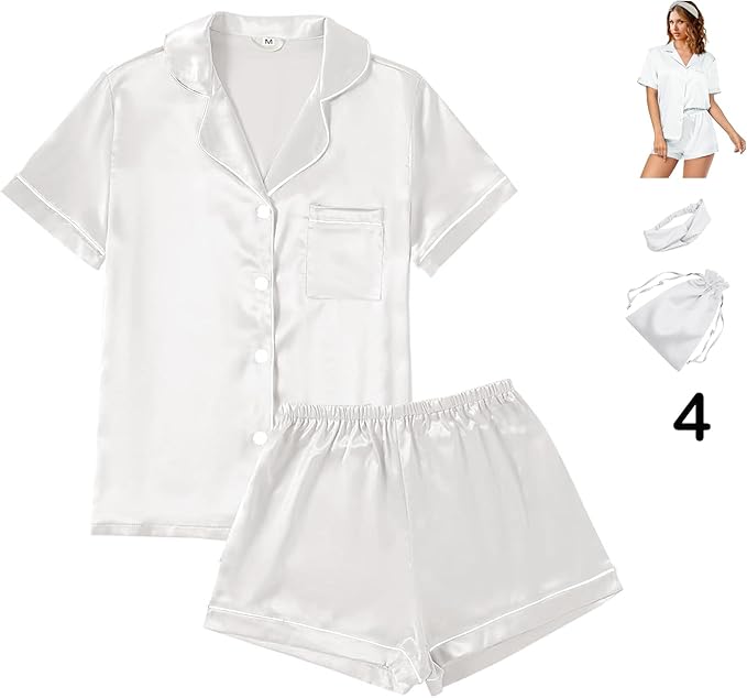 WJing Yi Jia 4Pcs Womens Satin Silky Pajama Sets Short Sleeve Shirt XS-4XL Floral Pajamas Set Soft PJ Loungewear Sleepwear