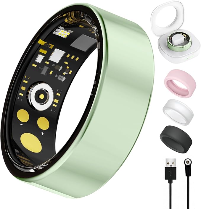 Smart Ring for Women Men, Health Tracker with Heart Rate/Blood Oxygen/Blood Pressure/Sleep Monitoring/Step Counting, IP68 Waterproof Fitness Ring, No App Fees for iPhone & Android (Green, 10#)