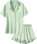 Umeyda Girls & Women Satin Pajamas Set Button Down 2 Piece Silk Pjs Shorts Set Ruffle Sleepwear, 5 Years-Women L