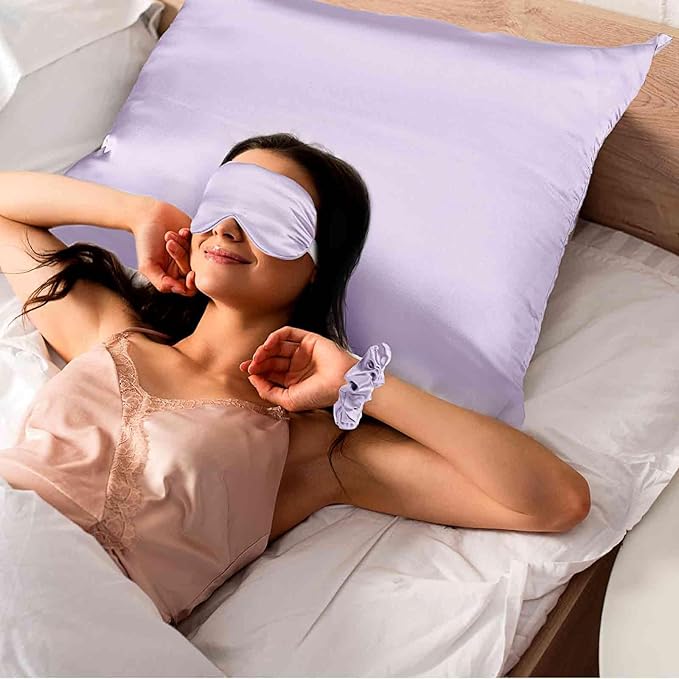 2 Pack Satin Pillowcase with Hidden Zipper, Adjustable Satin Eye Mask for Sleeping and Satin Volume Scrunchie for Hair and Skin, Standard Size(Purple,Classic Style)