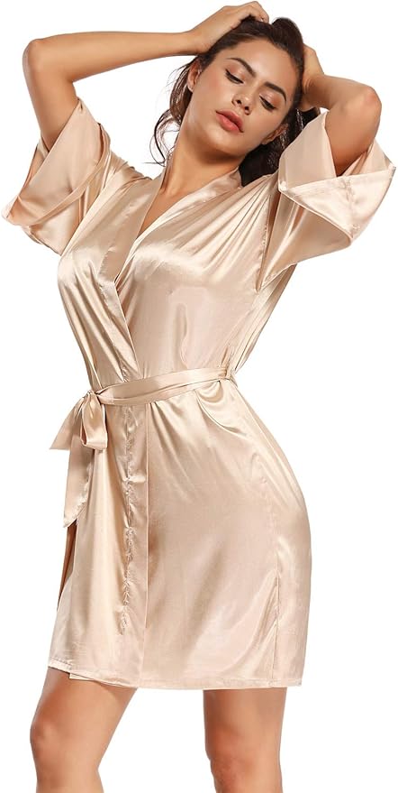 Women's Pure Short Satin Robes Bridesmaid and Bride Silky Robes Summer Sleepwear