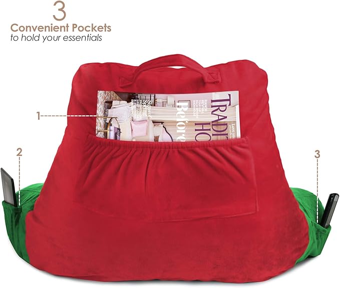 Clara Clark Reading Pillow with Shredded Memory Foam for Sitting Up in Bed and Couch, Back and Arms Adjustable Support for Adults & Teens Backrest Pillows for Reading with Washable Cover Holiday Color