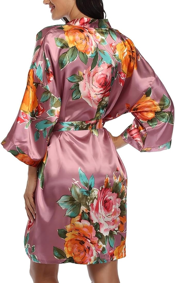 Floral Silk Robes for Women Kimono Satin Short Bath Robe Bridal Dressing Gown Bride Bridesmaids Lightweight Bathrobes