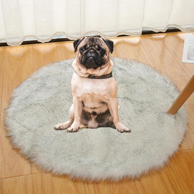 Faux Fur Round Area Rug Soft Fuzzy Carpet Fluffy Plush Mat Home Floor Decoration for Bedroom Living Room Bedside White with Black 35.4inch