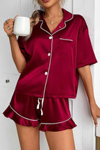 CHYRII Women's Silk Satin Pajamas Two Piece Pj Sets Short Sleeve Tops Ruffled Shorts Sleepwear with Magnetic Diffuser