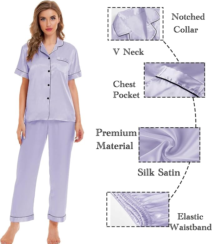 SWOMOG Women Satin Pajamas Set Short Sleeve Top & Pants Sleepwear Silky Button Down Nightwear 2pcs Loungewear Pjs Set