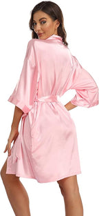 Women's Pure Short Kimono Robes Bride Bridesmaids Silky Bathrobe Lightweight Satin Sleepwear