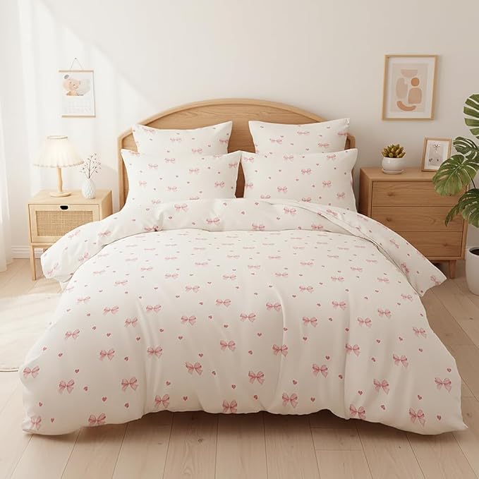 Nayoroom Pink Bow Duvet Cover Full Size Coquette Pink Heart Duvet Cover 3 Pieces Soft Lightweight Microfiber Kids Girls Cute Aesthetic Dorm Bedding Set
