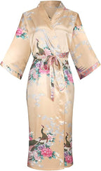 Valennia Women Long Silky Bathrobe Satin Kimono Robe Floral Printed Dressing Gown Sleepwear