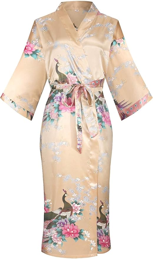 Valennia Women Long Silky Bathrobe Satin Kimono Robe Floral Printed Dressing Gown Sleepwear