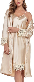 BestWendding Women's Silk Robe Set 2 Pieces Pajamas Sets Sexy Soft Satin Robe with V Neck Camisole Lingerie Nightgown