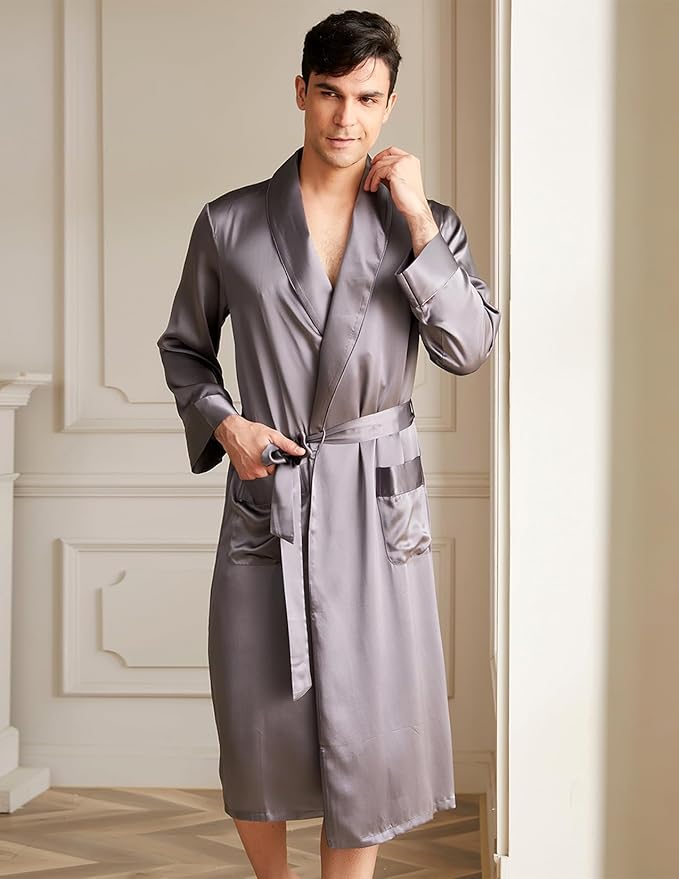 THXSILK Men’s Silk Robe Long Bathrobes, Luxury Lightweight Sleepwear, Two Pockets, Pure Mulberry Silk loungewear