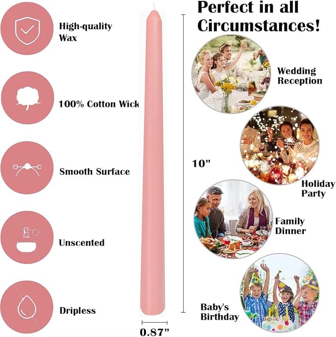 12 Pack 10 inch Dusty Pink Taper Candles, Unscented Dripless Smokeless Candlestick Bulk for Home Dinner Wedding Romantic, 7-8 Hours Burn