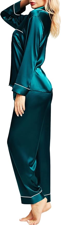 SIHA Satin Silk Pajamas for Women Pajama Set With Long Sleeve Button-Down Satin Pajamas Sleepwear XS-3XL