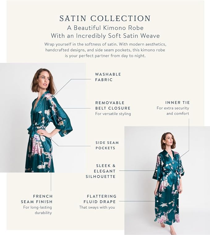 KIM+ONO Plus Size Luxury Kimono Robe for Women | Long Satin Floral Robe | Original Design | Removable Waist Tie Closure