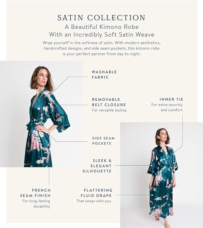 KIM+ONO Plus Size Luxury Kimono Robe for Women | Long Satin Floral Robe | Original Design | Removable Waist Tie Closure