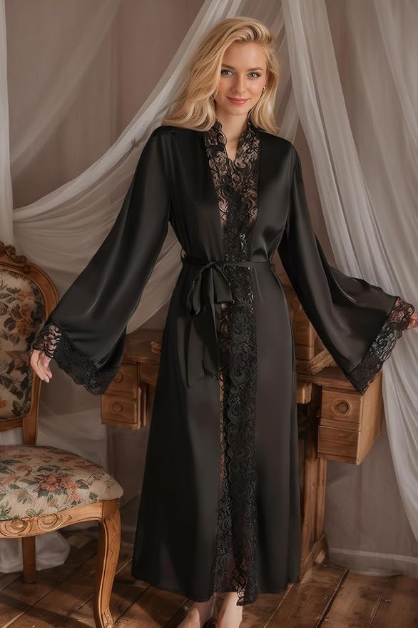 Women Sexy Satin Lace Robe,Long Sleeve Silk Bathrobe with Belt Soft Lightweight Full Length Sleepwear