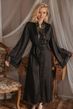 Women Sexy Satin Lace Robe,Long Sleeve Silk Bathrobe with Belt Soft Lightweight Full Length Sleepwear