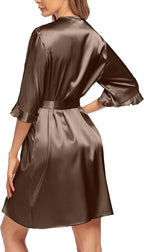 Ekouaer Women's Satin Robe Valentines Lingerie for Women Kimono Bathrobe Short Ruffle Belted Robes Bridesmaids Sleepwear
