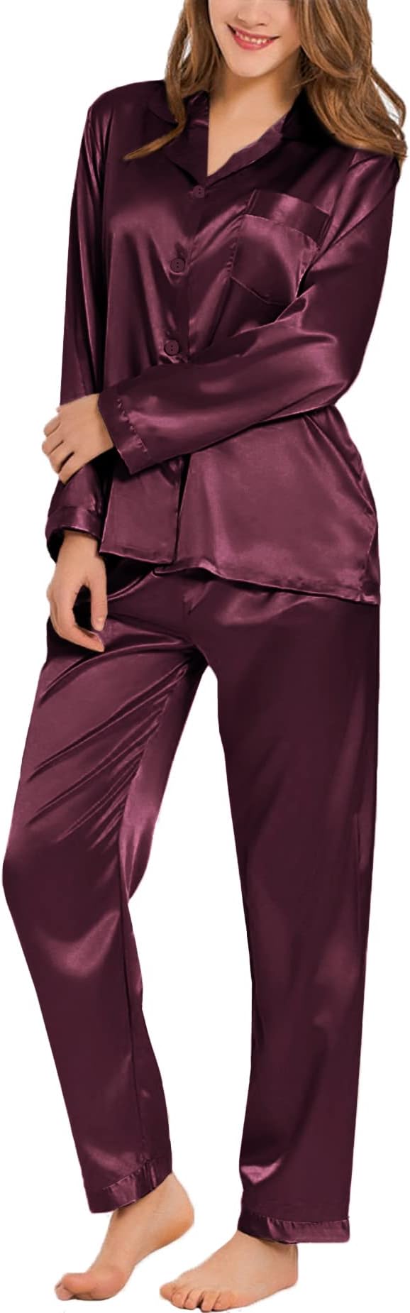 SWOMOG Long Sleeve Pajamas Set Silk Satin Sleepwear Button Down Pjs Loungewear with Pocket