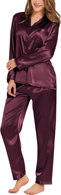 SWOMOG Long Sleeve Pajamas Set Silk Satin Sleepwear Button Down Pjs Loungewear with Pocket