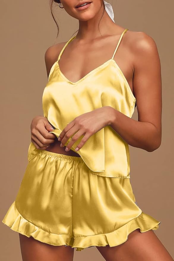 CHYRII Women's Sexy Silk Satin Ruffled Pajamas Sets Cami Shorts Sets Sleepwear