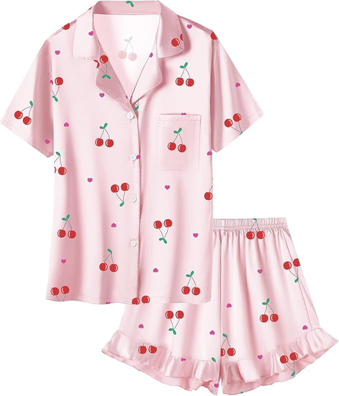 Umeyda Girls & Women Satin Pajamas Set Button Down 2 Piece Silk Pjs Shorts Set Ruffle Sleepwear, 5 Years-Women L