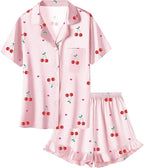 Umeyda Girls & Women Satin Pajamas Set Button Down 2 Piece Silk Pjs Shorts Set Ruffle Sleepwear, 5 Years-Women L